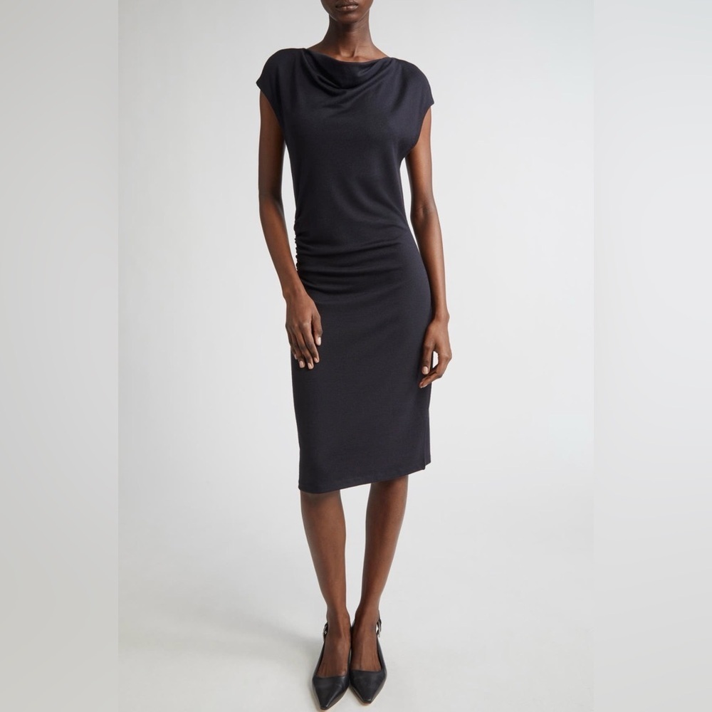Vince Black Ruched Side Cowl Neck Midi Dress XS Cap Sleeve Stretch Knit